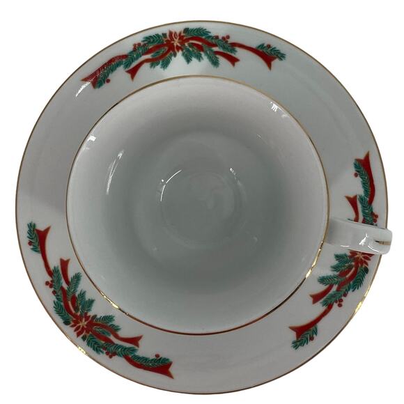Tienshan Fairfield Poinsettia & Ribbons Christmas Holiday Cup Saucer Coffee Tea - Picture 3 of 6